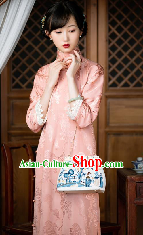 Republic of China Traditional National Costume Women Pink Silk Cheongsam Classical Qipao Dress