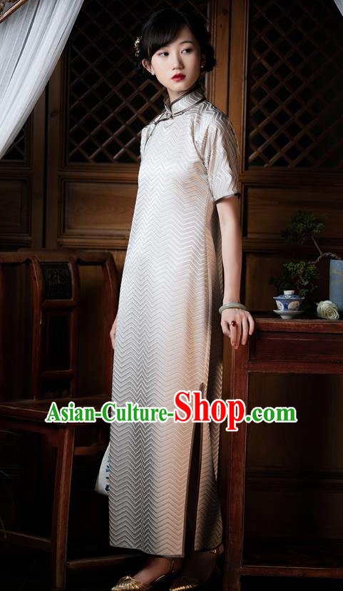 Republic of China Women Retro Cheongsam Traditional National Costume Classical Beige Silk Qipao Dress