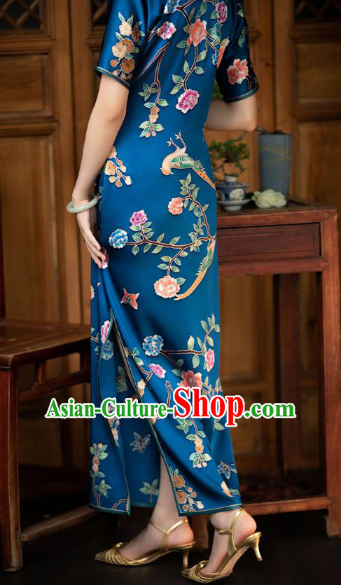 Republic of China Peony Butterfly Pattern Blue Silk Cheongsam Traditional National Costume Classical Women Qipao Dress
