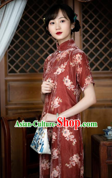 Republic of China Qipao Dress Traditional National Costume Classical Purplish Red Velvet Cheongsam