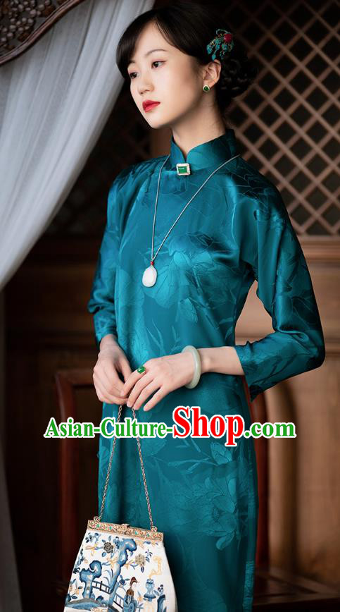 Republic of China Deep Green Silk Qipao Dress Traditional National Costume Asian Classical Cheongsam