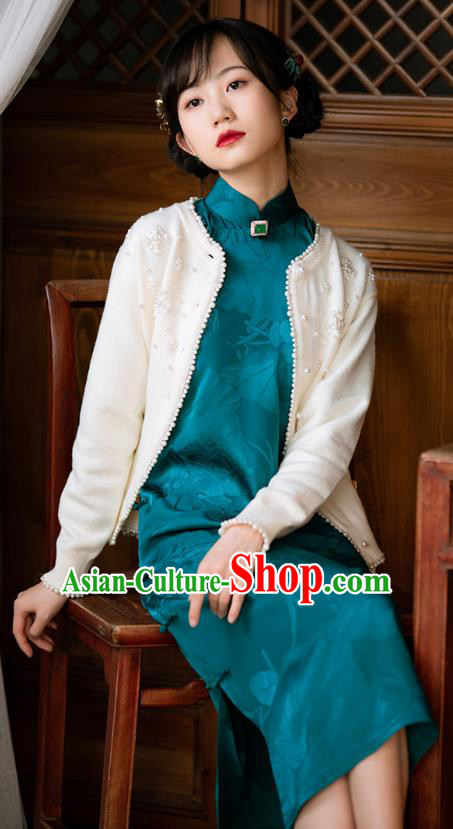 Republic of China Deep Green Silk Qipao Dress Traditional National Costume Asian Classical Cheongsam