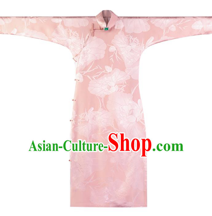 Asian Classical Cheongsam Republic of China Pink Silk Qipao Dress Traditional National Costume