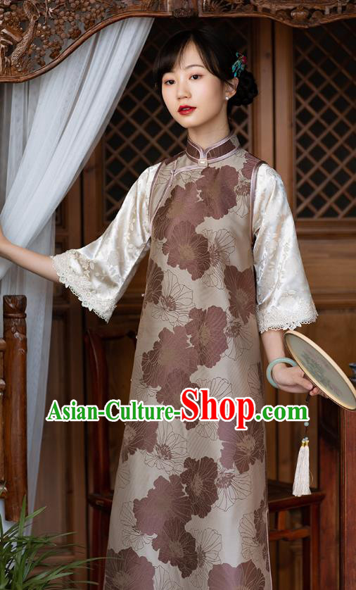 Asian Classical Lotus Leaf Pattern Cheongsam Republic of China Traditional National Costume Brown Silk Qipao Dress