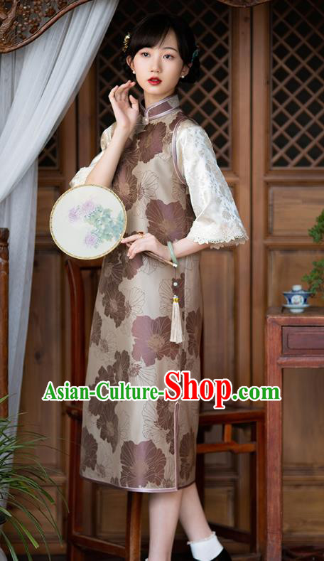 Asian Classical Lotus Leaf Pattern Cheongsam Republic of China Traditional National Costume Brown Silk Qipao Dress