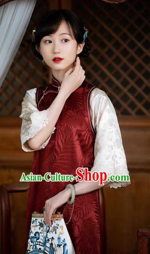 Republic of China Traditional National Costume Asian Classical Pattern Cheongsam Red Silk Qipao Dress