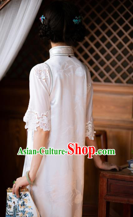 Republic of China Traditional White Silk Qipao Dress Asian Classical Cheongsam National Costume
