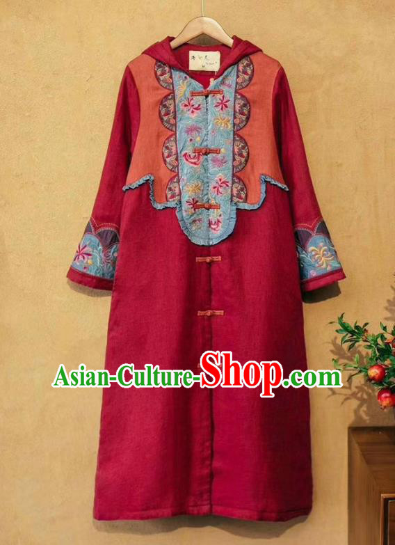 China Tang Suit Women Wine Red Flax Dust Coat Traditional Costume National Outer Garment Long Coat