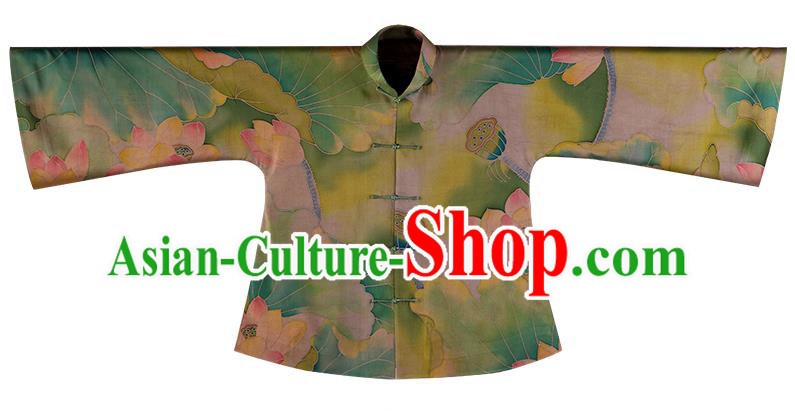 Chinese National Clothing Tang Suit Outer Garment Traditional Lotus Pattern Green Silk Mandarin Jacket for Women
