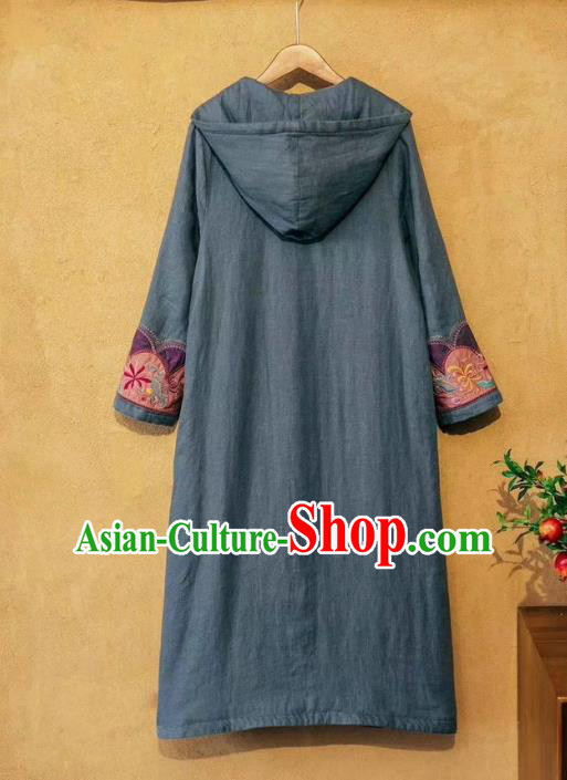 China National Outer Garment Long Coat Tang Suit Women Blue Flax Dust Coat Traditional Embroidered Costume