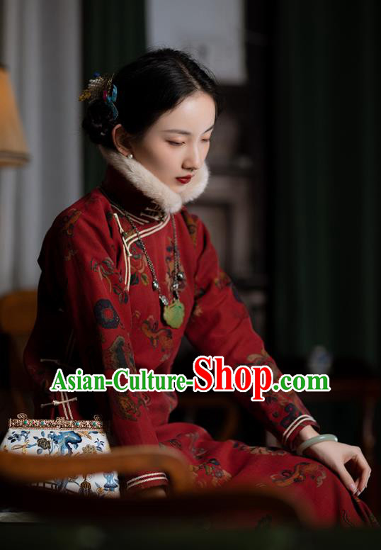 Chinese National Red Silk Cheongsam Republic of China Traditional Women Costume Classical Winter Qipao Dress