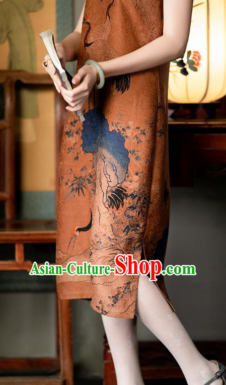 Republic of China Traditional Qipao Dress Chinese National Costume Classical Brown Silk Cheongsam