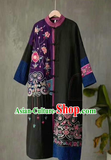 China National Women Black Flax Overcoat Traditional Winter Costume Tang Suit Embroidered Dust Coat