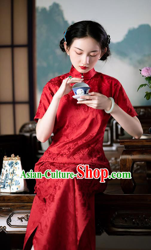 Chinese Traditional Costume National Cheongsam Republic of China Red Silk Qipao Dress