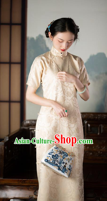 Republic of China Champagne Silk Qipao Dress Chinese Traditional Costume National Cheongsam