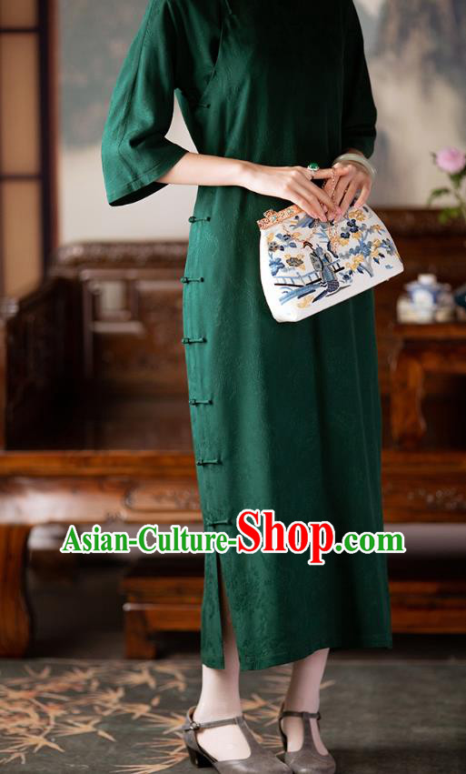 Republic of China Deep Green Qipao Dress Traditional Costume National Silk Cheongsam
