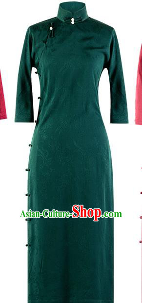 Republic of China Deep Green Qipao Dress Traditional Costume National Silk Cheongsam