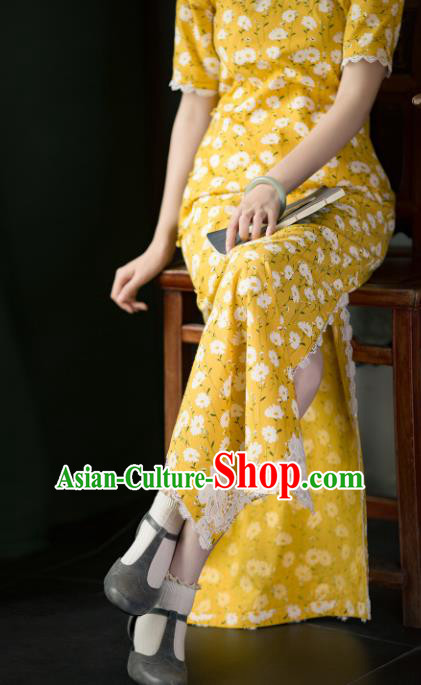 Chinese Classical Daity Pattern Yellow Qipao Dress China Traditional National Cheongsam Costume