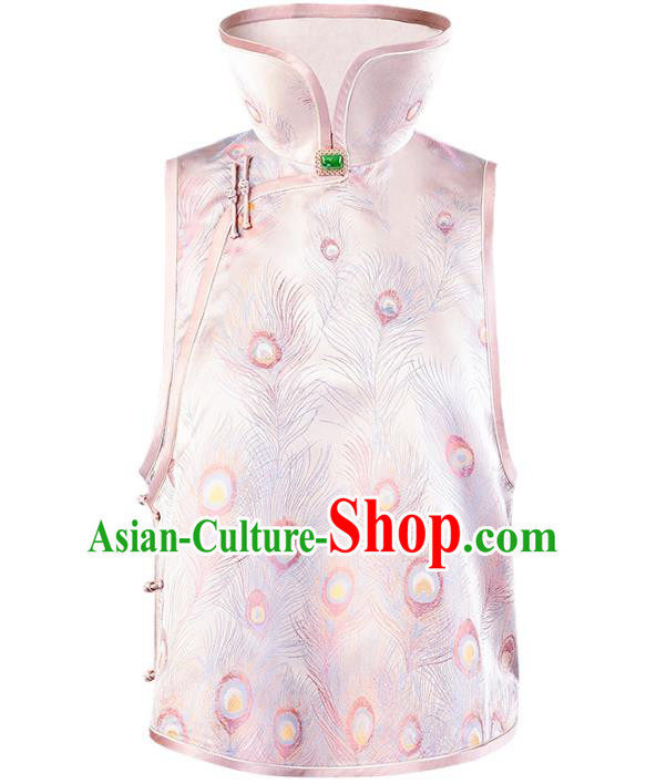 Chinese Tang Suit Pink Brocade Waistcoat Traditional National Women Clothing Classical Silk Vest
