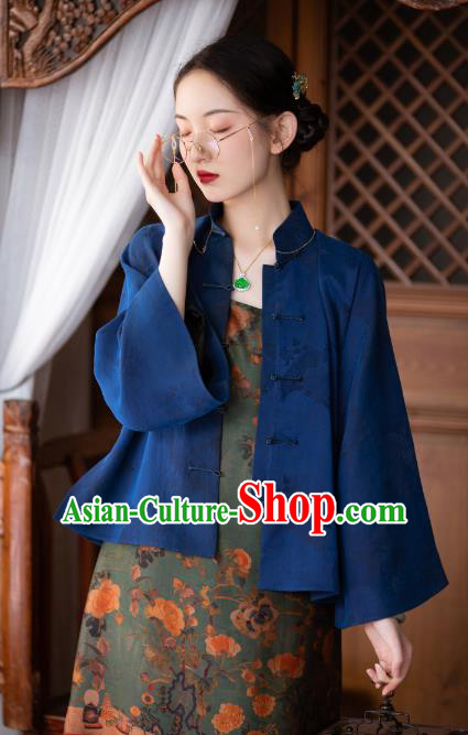 Chinese Tang Suit Upper Outer Garment Traditional National Shirt Clothing Classical Deep Blue Silk Blouse for Women