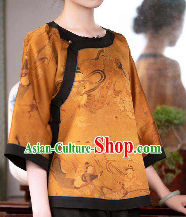 Chinese Yellow Silk Blouse Traditional National Shirt Clothing Tang Suit Upper Outer Garment for Women