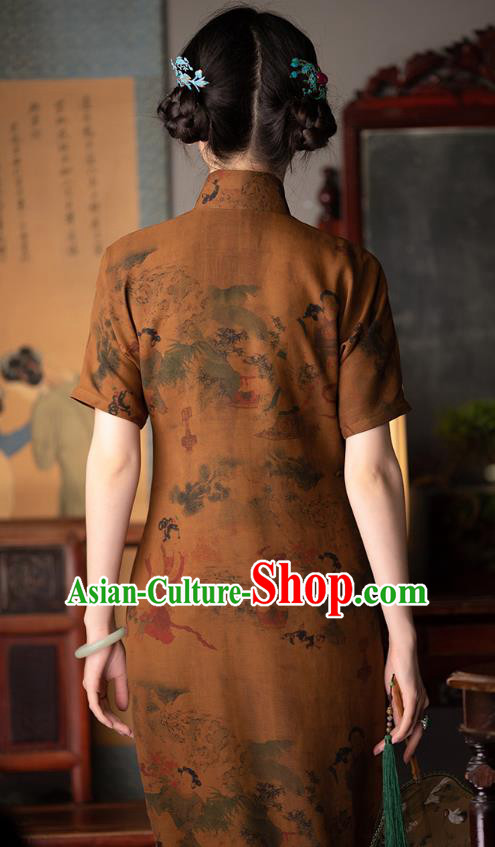 Chinese Classical Beauty Pattern Ginger Silk Qipao Dress Costume Traditional National Women Cheongsam