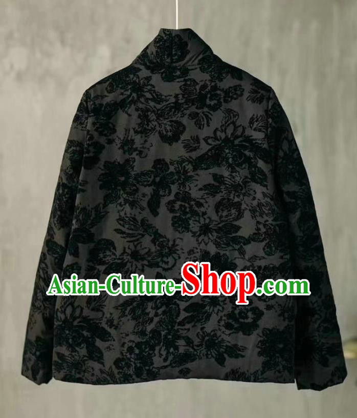China Tang Suit Outer Garment Costume National Women Winter Jacket Traditional Black Flocking Coat