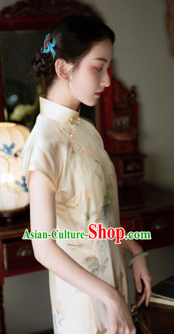 Chinese Classical Ink Painting Beige Silk Qipao Dress Traditional Cheongsam National Women Costume