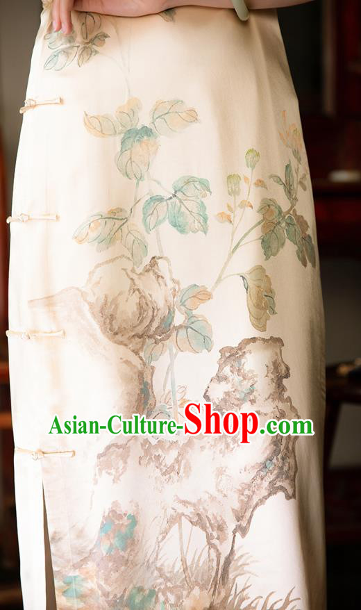 Chinese Classical Ink Painting Beige Silk Qipao Dress Traditional Cheongsam National Women Costume