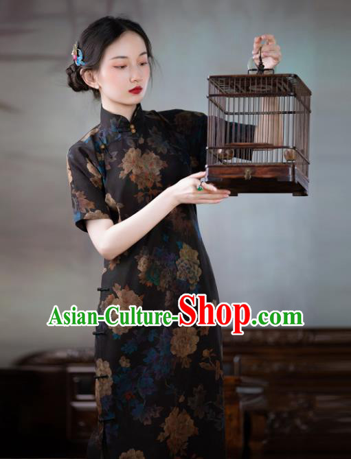 Asian Classical Cheongsam Republic of China Traditional Black Silk Qipao Dress National Costume