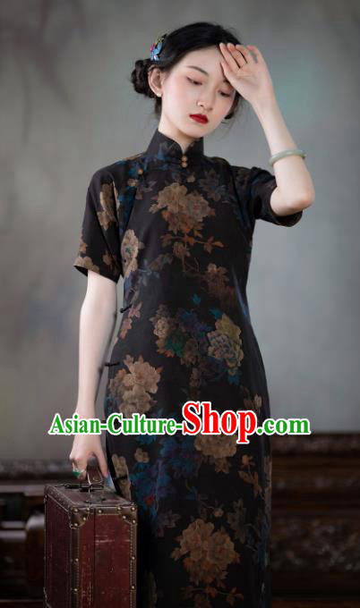 Asian Classical Cheongsam Republic of China Traditional Black Silk Qipao Dress National Costume