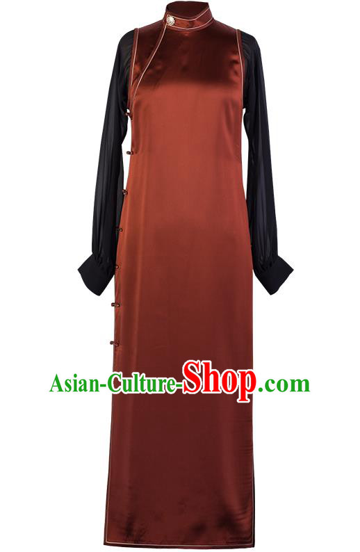 Chinese National Costume Classical Cheongsam Republic of China Traditional Rust Red Silk Qipao Dress