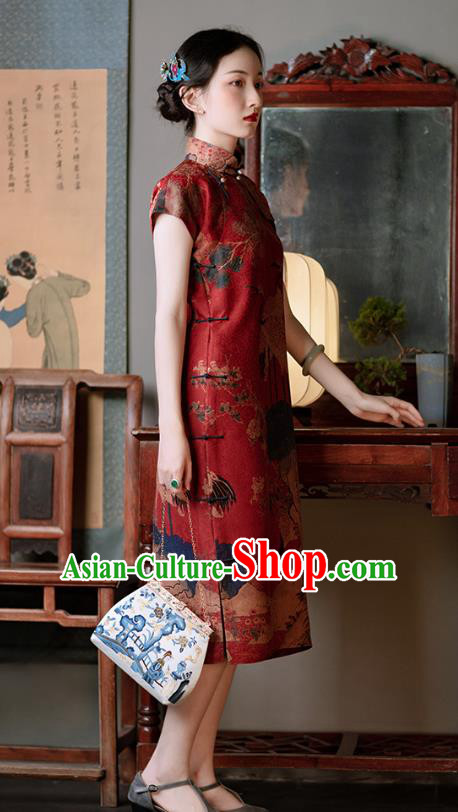 Classical Red Silk Cheongsam Republic of China Traditional Qipao Dress Chinese National Costume