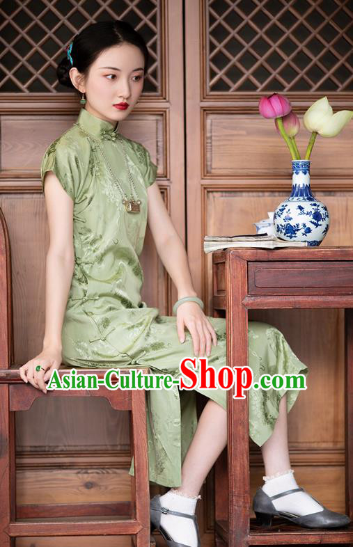 Chinese Traditional Grape Pattern Light Green Silk Cheongsam National Women Classical Qipao Dress Costume