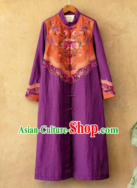 China National Embroidered Purple Flax Dust Coat Traditional Winter Costume Tang Suit Women Overcoat