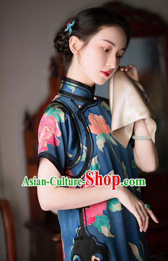 Chinese Classical Qipao Dress National Women Costume Traditional Deep Blue Silk Cheongsam