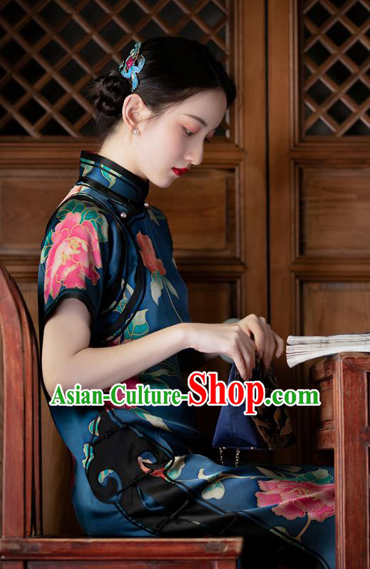 Chinese Classical Qipao Dress National Women Costume Traditional Deep Blue Silk Cheongsam