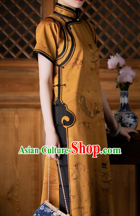 Chinese Classical Goddess Pattern Yellow Qipao Dress National Women Costume Traditional Silk Cheongsam