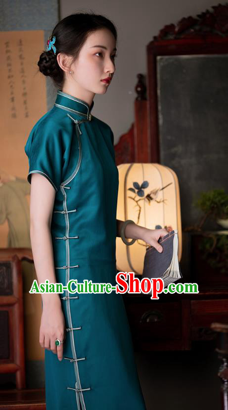 Chinese Blue Silk Qipao Dress National Women Costume Traditional Classical Cheongsam