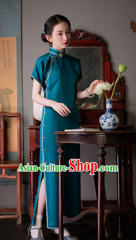 Chinese Blue Silk Qipao Dress National Women Costume Traditional Classical Cheongsam