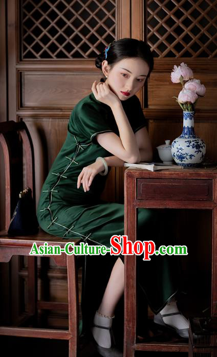 Chinese Traditional Classical Cheongsam Dark Green Silk Qipao Dress National Women Costume