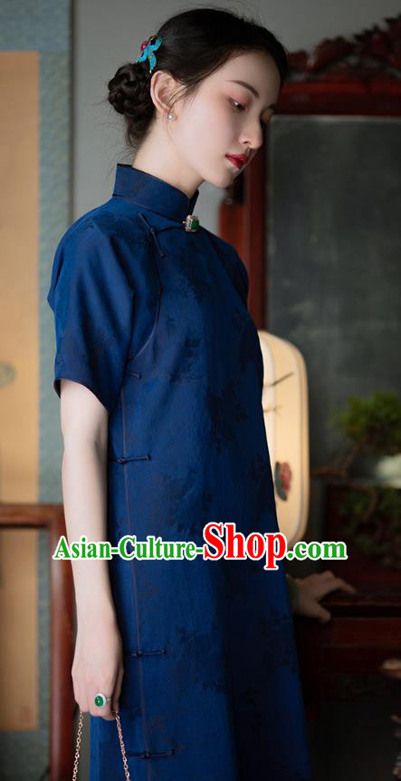 Chinese Traditional Cheongsam National Women Costume Classical Deep Blue Silk Qipao Dress