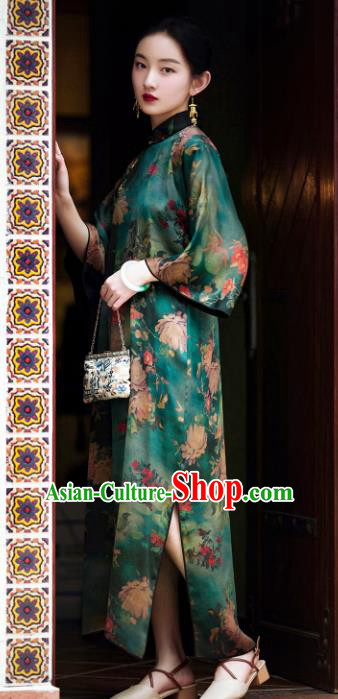 Chinese Traditional Peony Pattern Green Cheongsam National Women Costume Classical Silk Qipao Dress