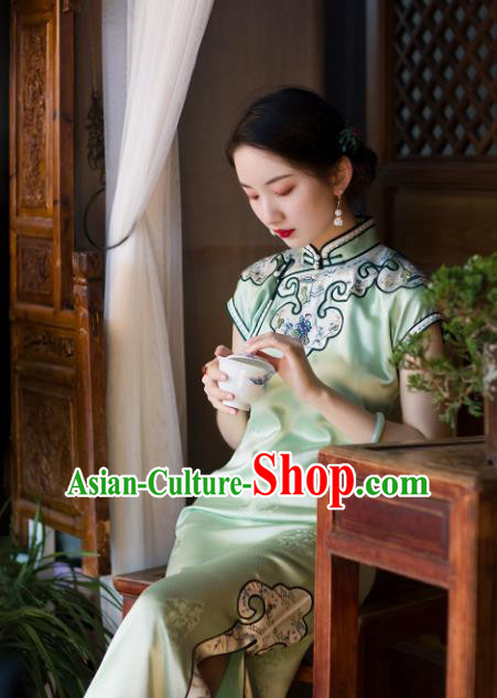 Chinese Traditional Light Green Silk Cheongsam National Women Costume Classical Embroidered Qipao Dress