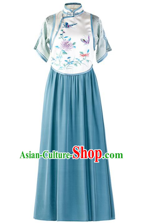 Chinese Traditional Embroidered Qipao Dress Silk Cheongsam Women Classical National Costume