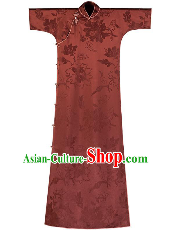 Chinese Traditional Peony Pattern Dark Red Qipao Dress National Women Costume Classical Silk Cheongsam