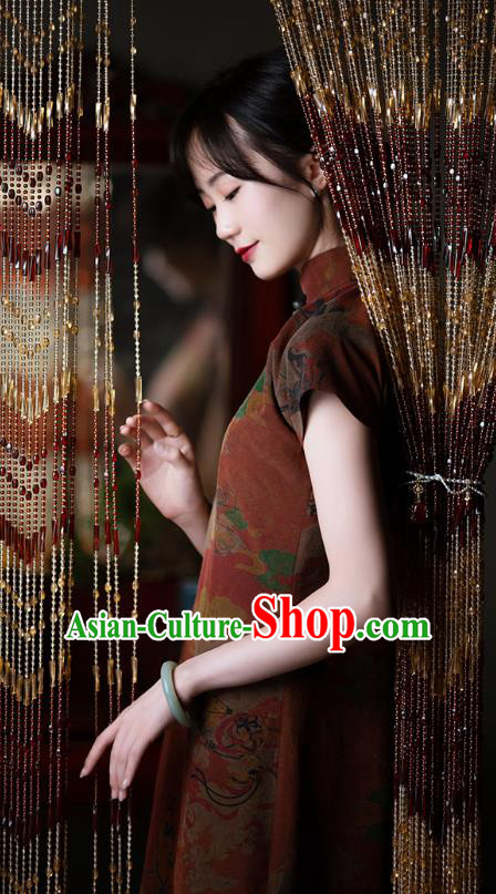 Chinese Traditional Qipao Costume Classical Goddess Pattern Dark Red Silk Cheongsam National Women Dress
