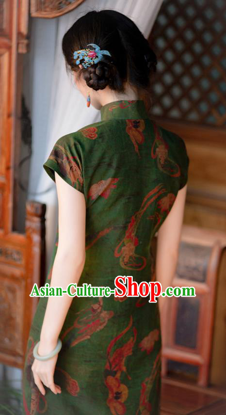 Chinese Traditional National Women Dress Qipao Costume Classical Goddess Pattern Green Silk Cheongsam