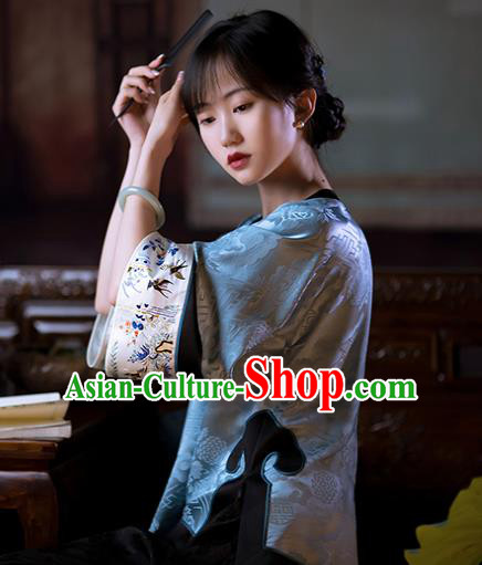 Chinese Embroidered Shirt Tang Suit Upper Outer Garment Traditional Classical Blue Silk Blouse for Women