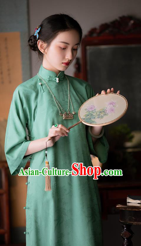 Chinese Traditional Women Cheongsam Costume National Classical Green Silk Qipao Dress